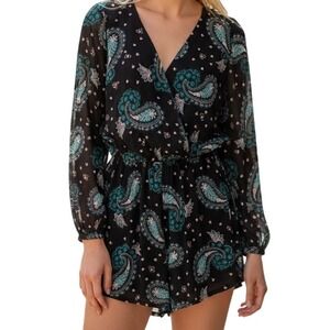 EXPRESS‎ Black With Pink and Blue Paisley V-Neck Faux Wrap Short Romper NWOT S